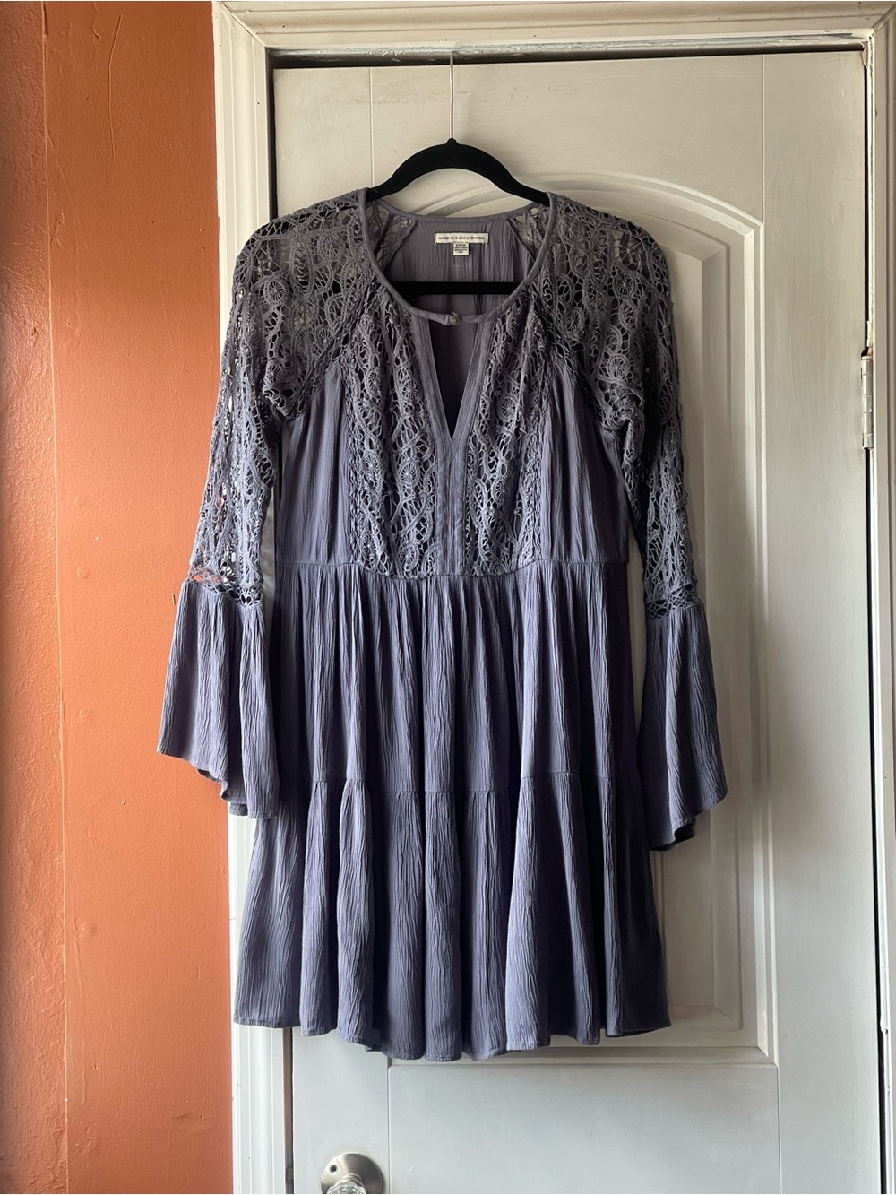 American Eagle Outfitters Lace Yoke Long Sleeve Tiered Dress - Gray